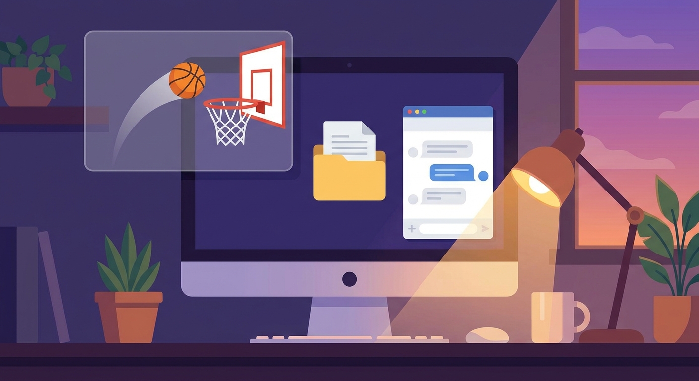 A basketball overlay on a dusk desktop