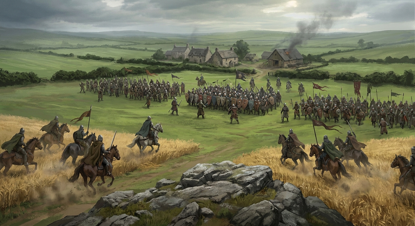 Two armies clashing on green plains