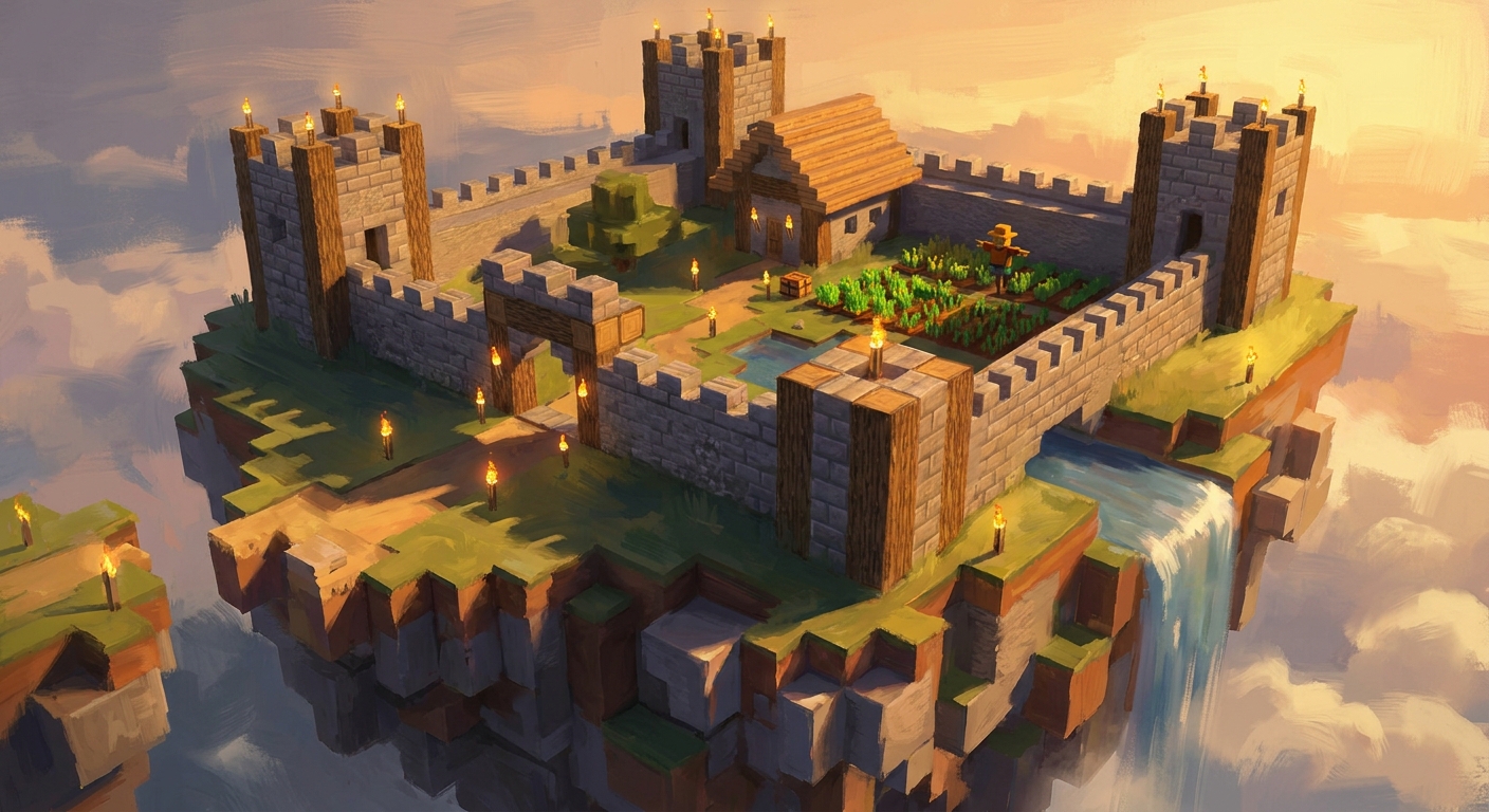 A block-built fortress on a floating island