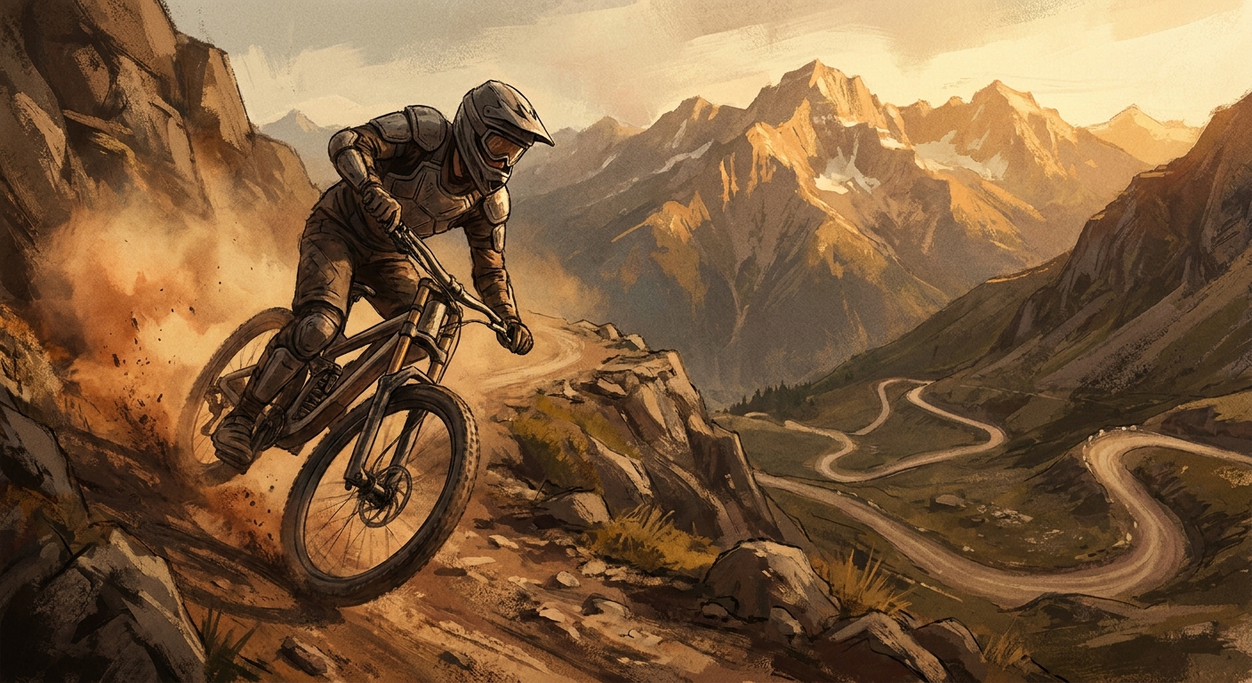 A downhill racer carving an alpine singletrack