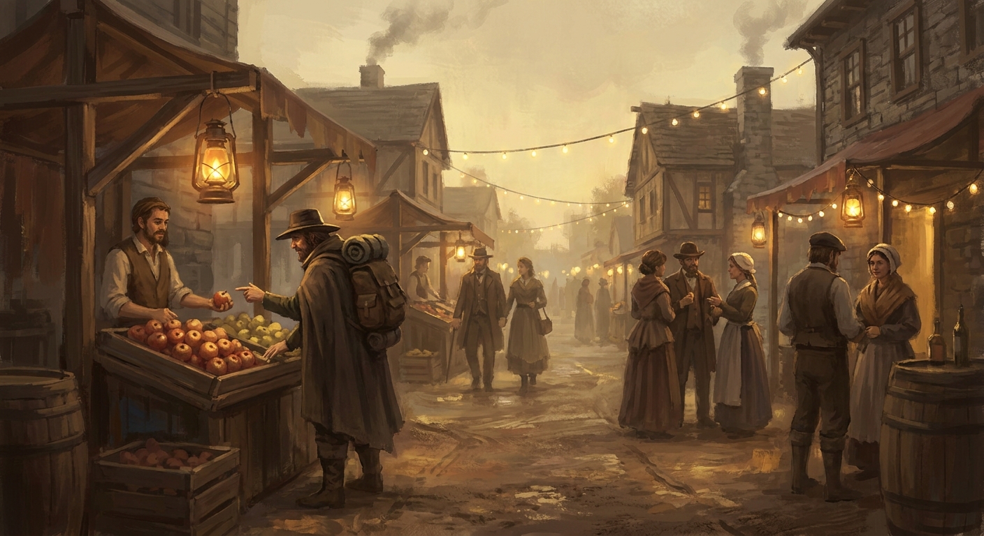 A cozy market street at dusk