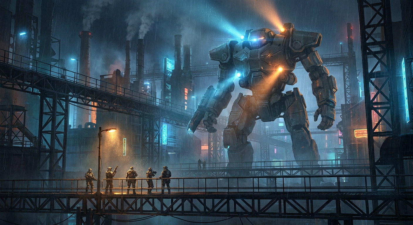 A war mech striding through an industrial night