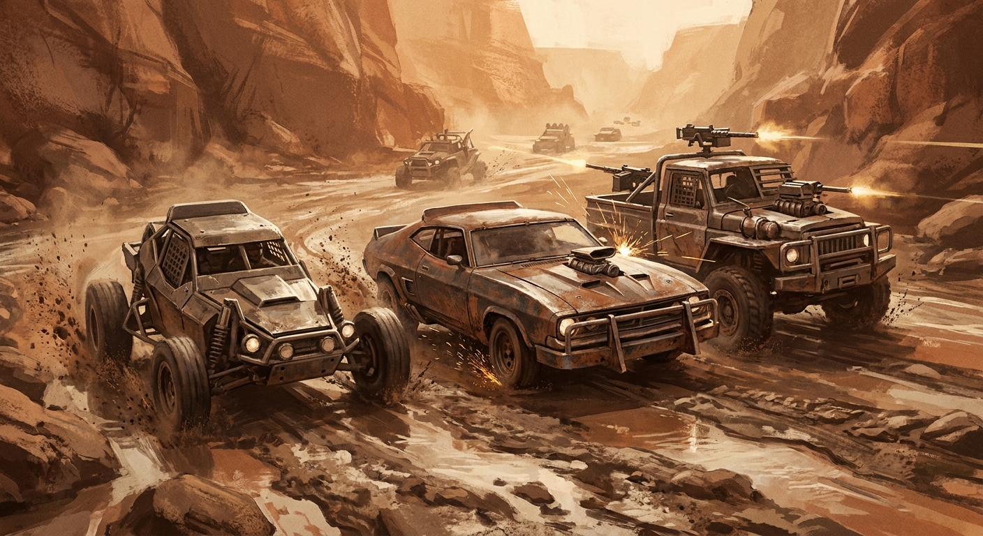 Armed buggies battling through a canyon riverbed
