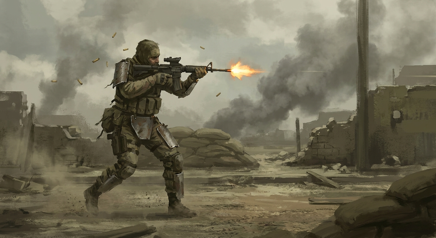 A soldier firing down a dusty street