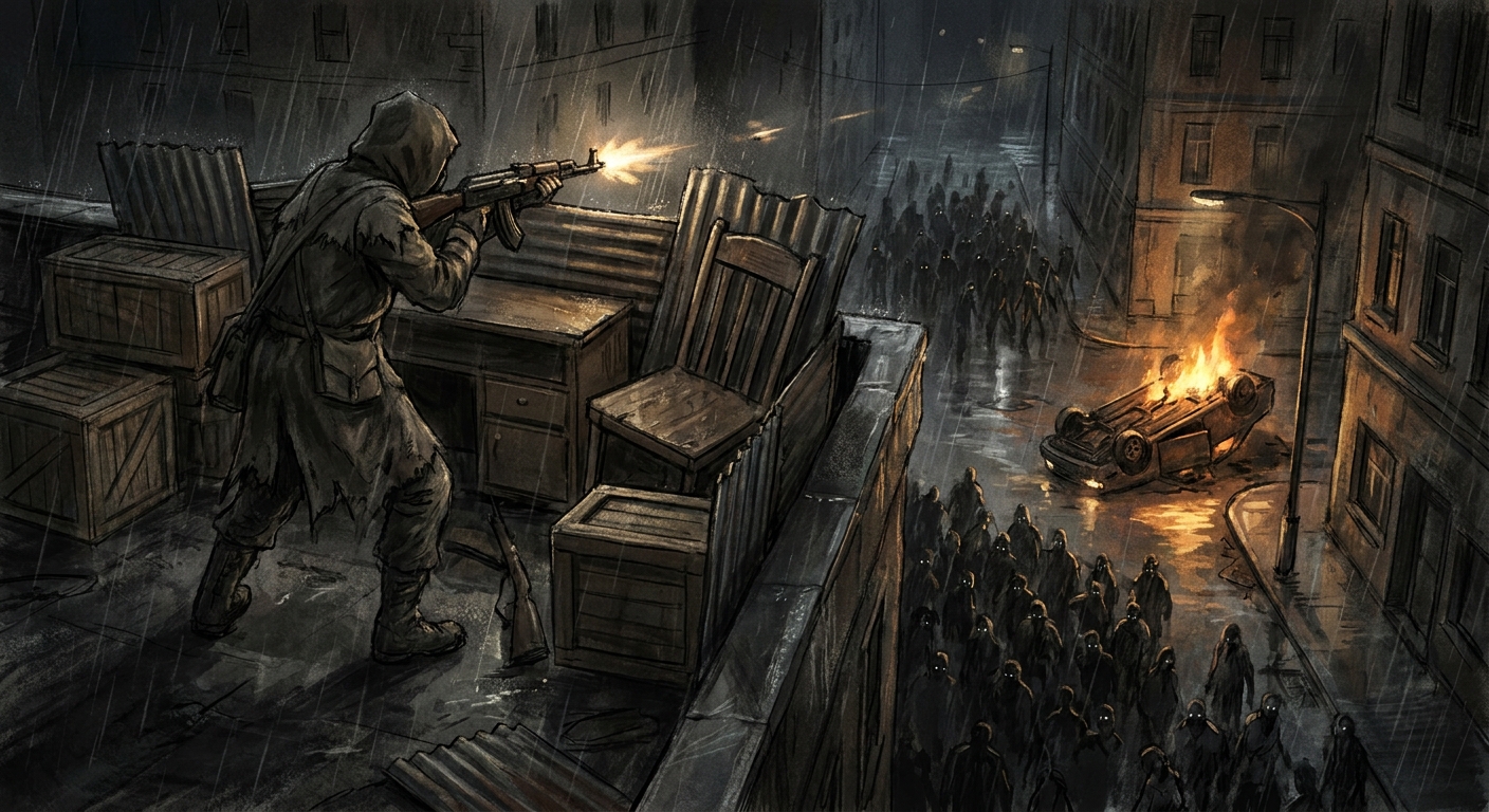 A survivor on a rooftop over a massing horde