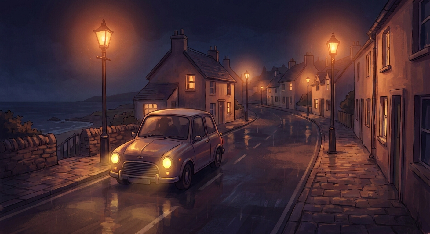 Night drive through a coastal town