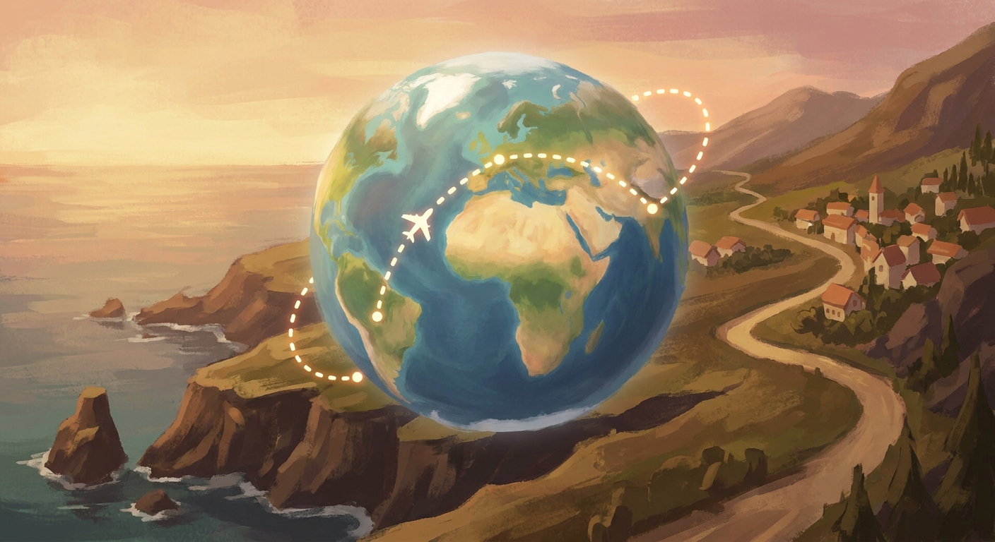 A globe with a dotted travel route