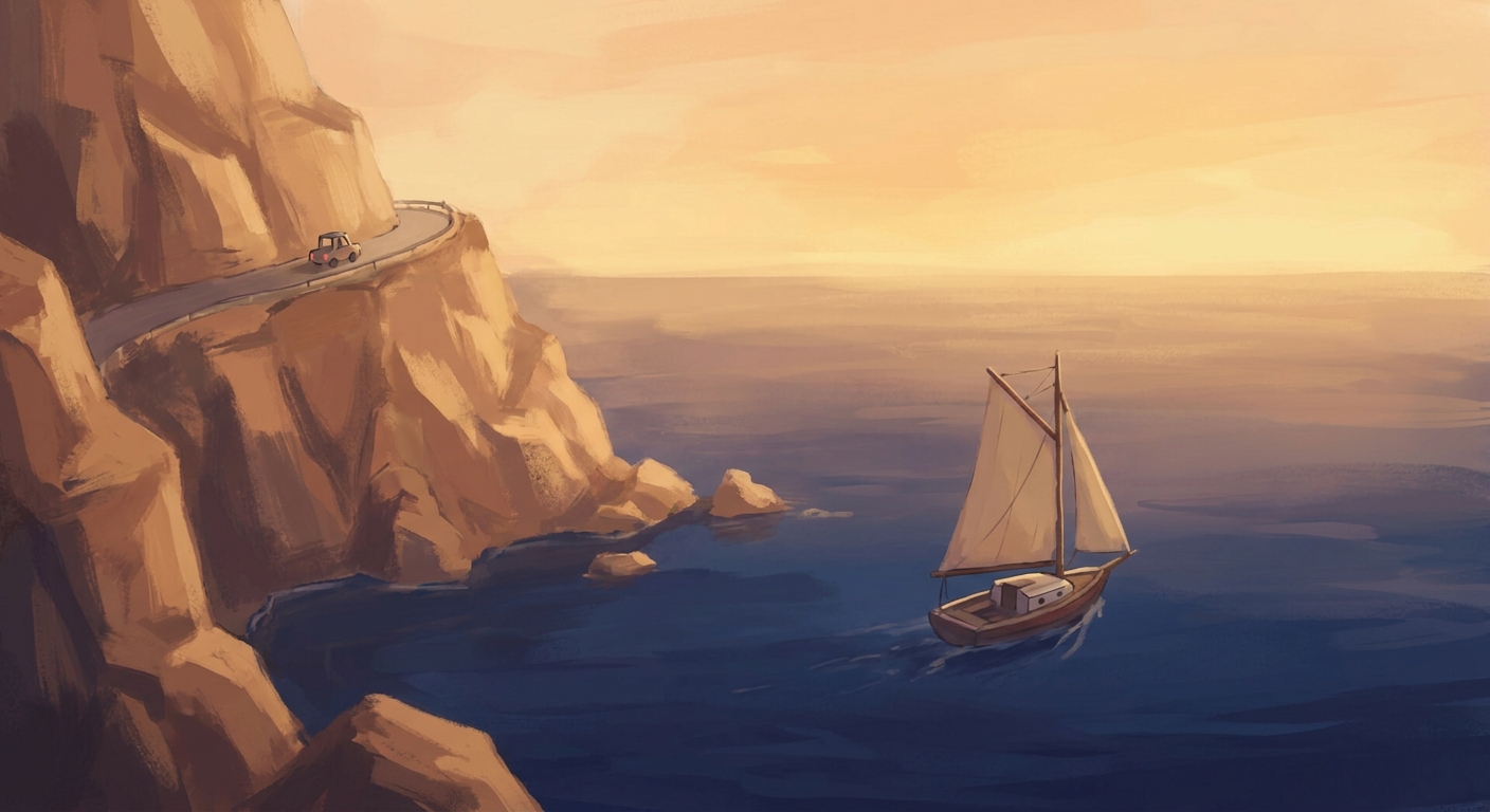 A sailboat beside ocean cliffs
