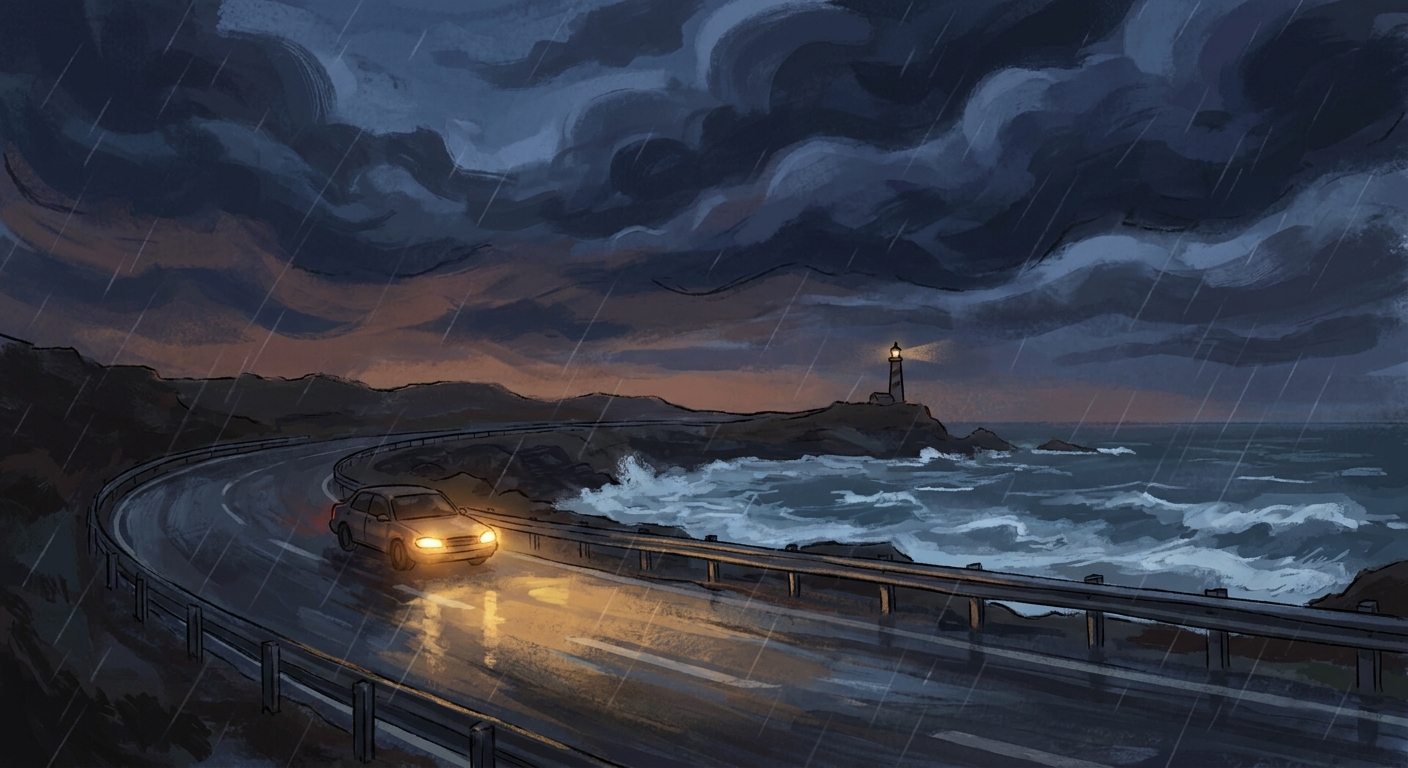 Rain on a coastal highway at dusk