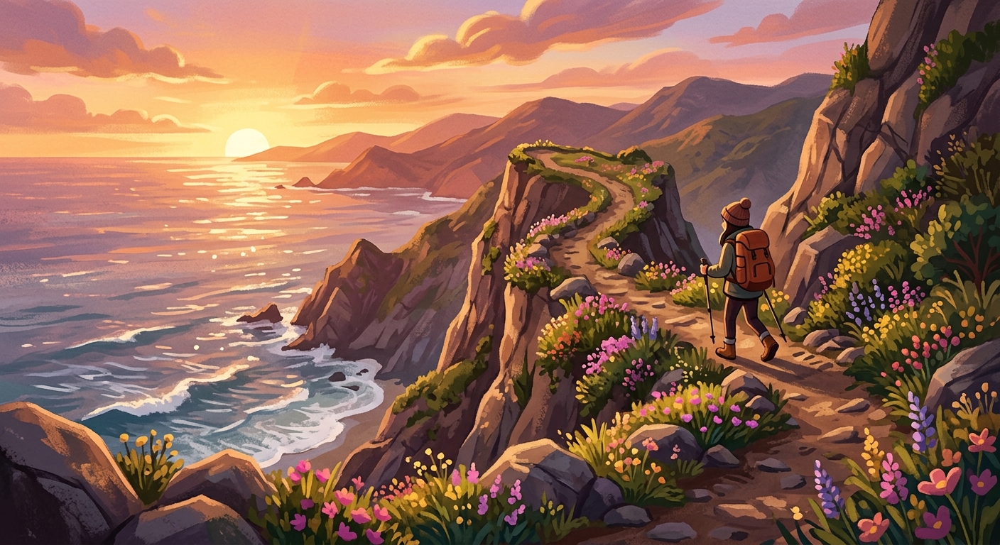 A hiker on a cliff trail at sunset